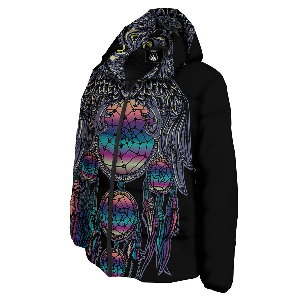 Owl With Dreamcatcher Print Down Jacket-grizzshop