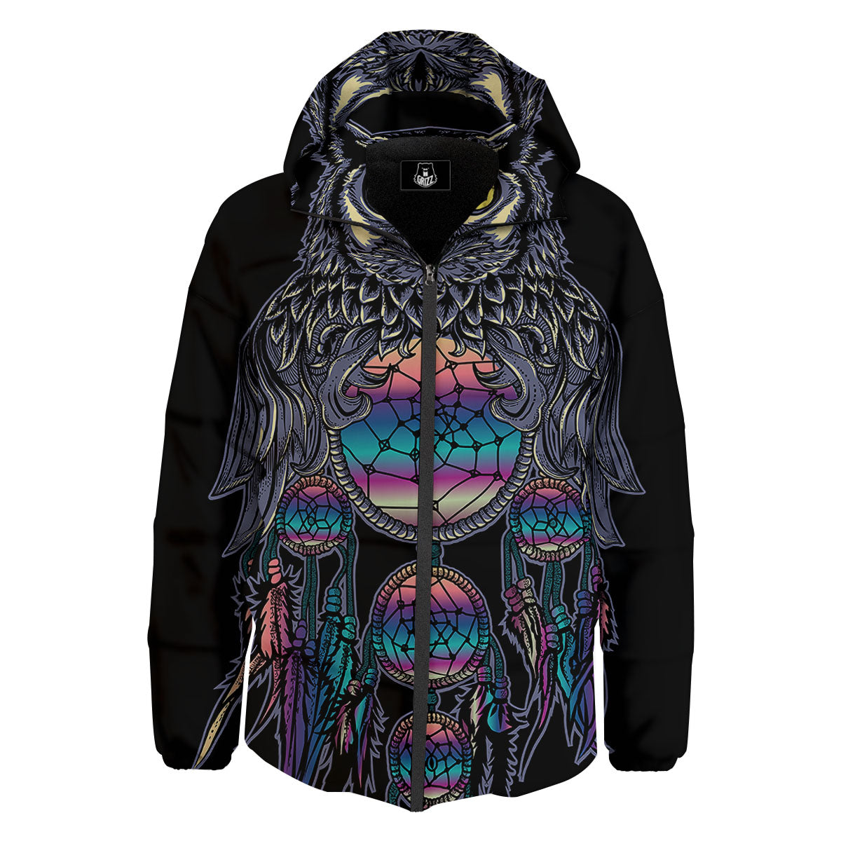 Owl With Dreamcatcher Print Down Jacket-grizzshop