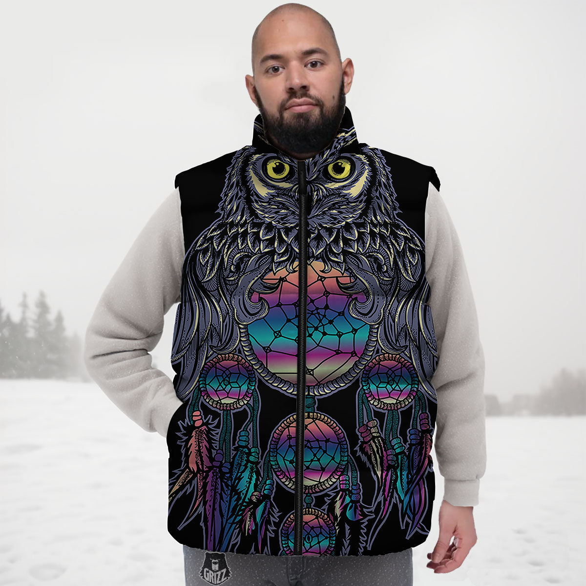 Owl With Dreamcatcher Print Down Vest