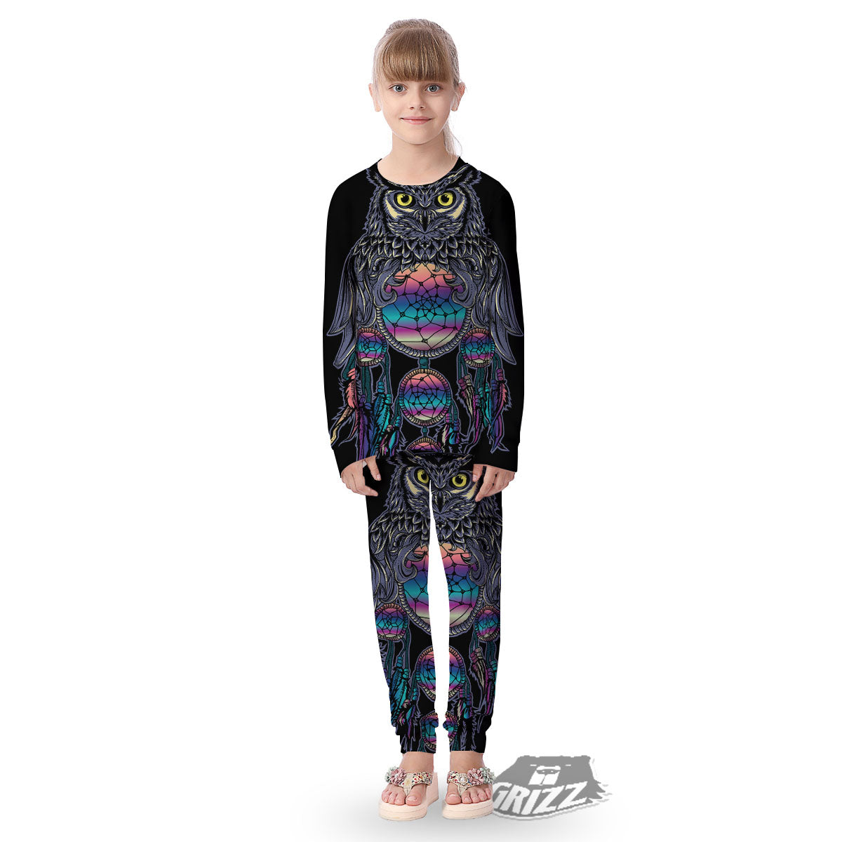 Owl With Dreamcatcher Print Kid's Pajamas-grizzshop
