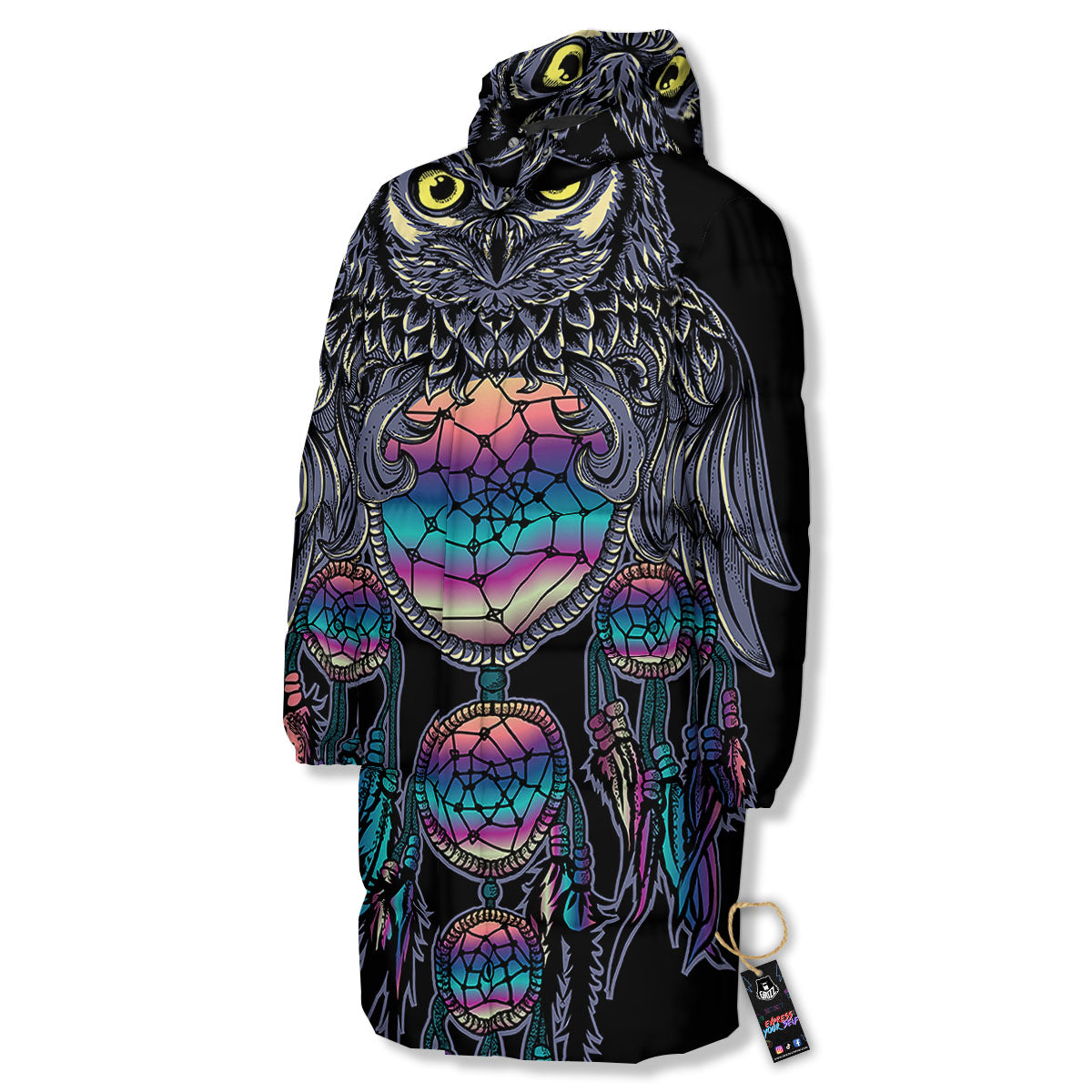 Owl With Dreamcatcher Print Long Down Jacket-grizzshop
