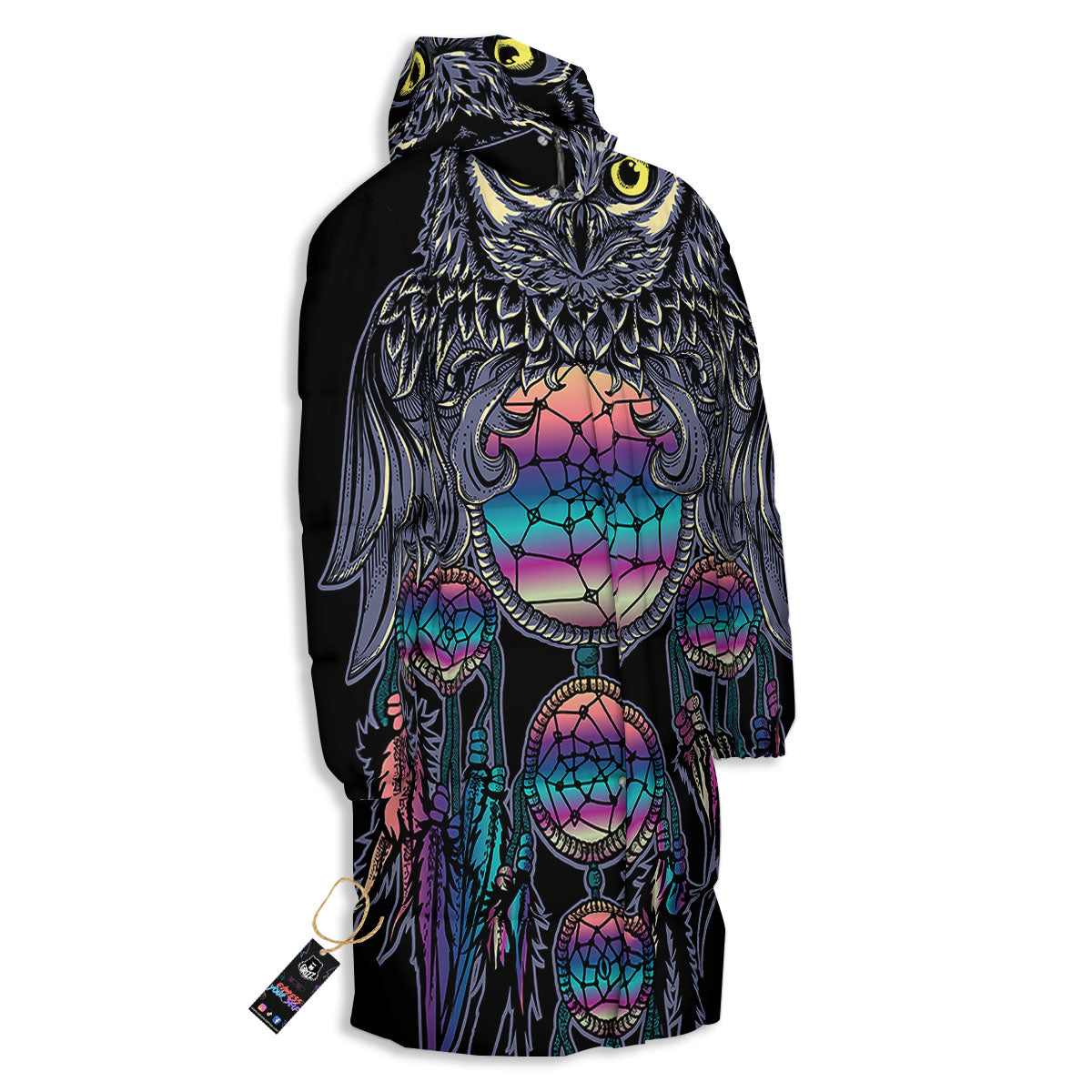 Owl With Dreamcatcher Print Long Down Jacket-grizzshop