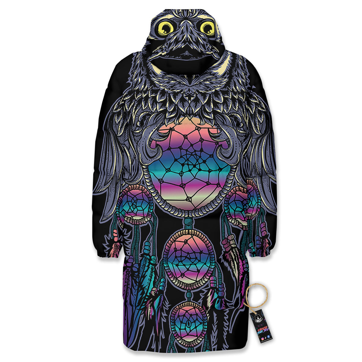 Owl With Dreamcatcher Print Long Down Jacket-grizzshop