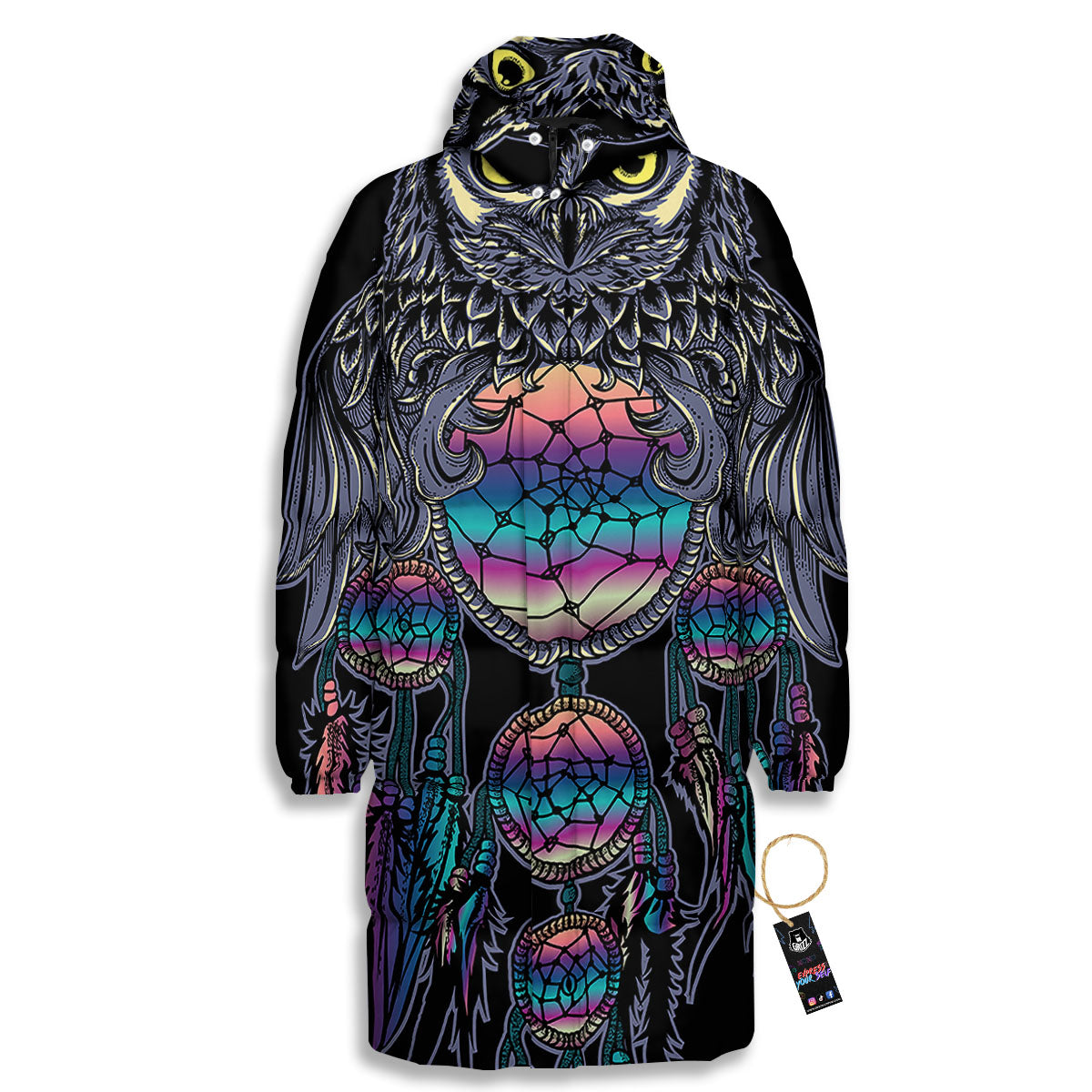 Owl With Dreamcatcher Print Long Down Jacket-grizzshop