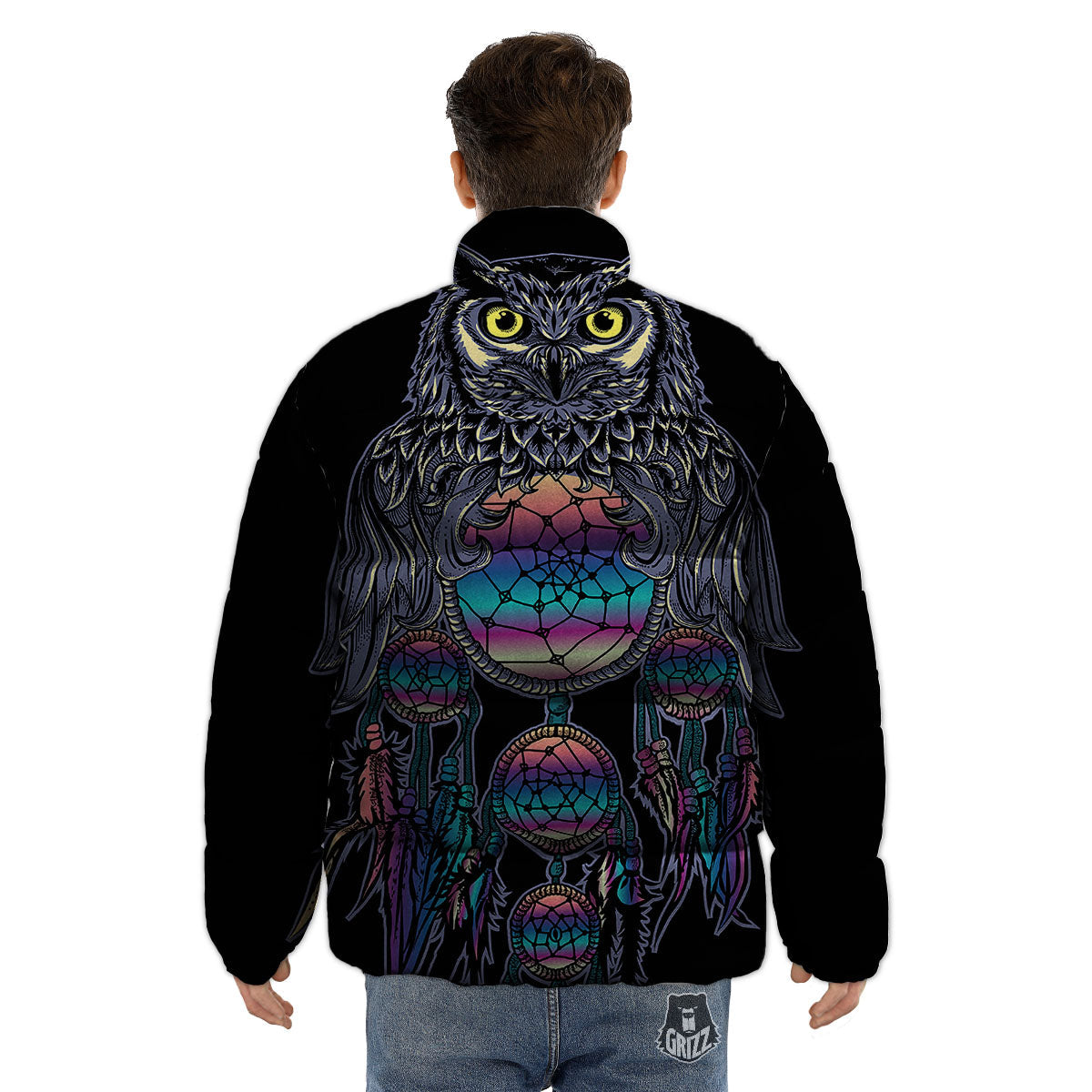 Owl With Dreamcatcher Print Puffer Jacket-grizzshop