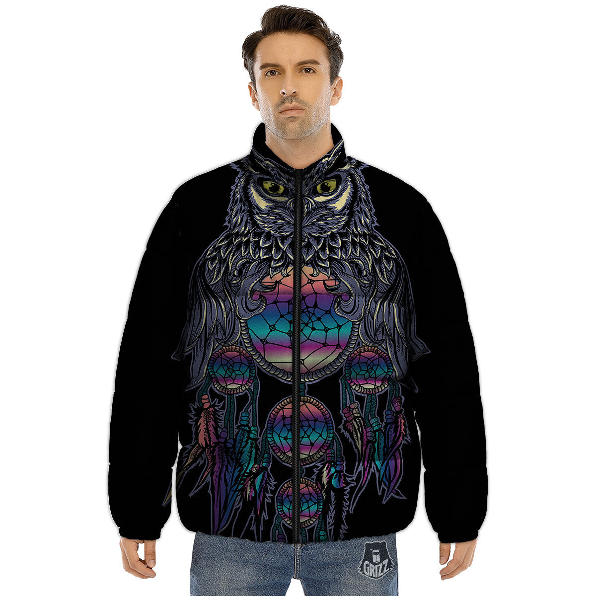 Owl With Dreamcatcher Print Puffer Jacket-grizzshop