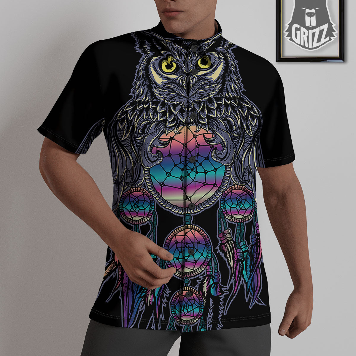 Owl With Dreamcatcher Print Untucked Shirts-grizzshop