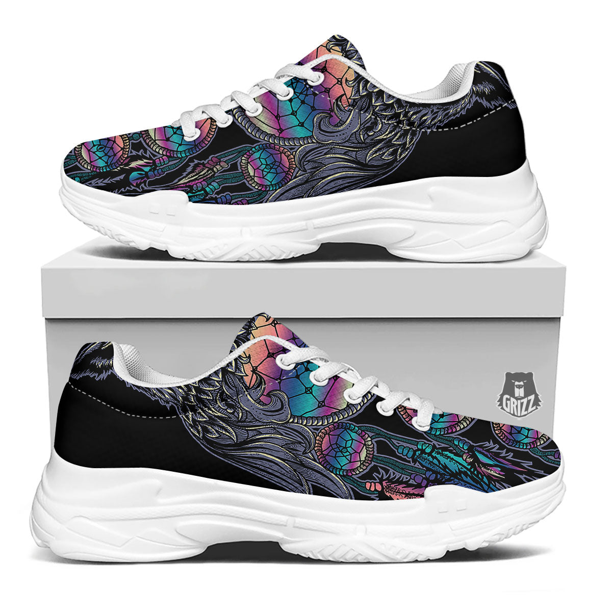 Owl With Dreamcatcher Print White Chunky Shoes-grizzshop
