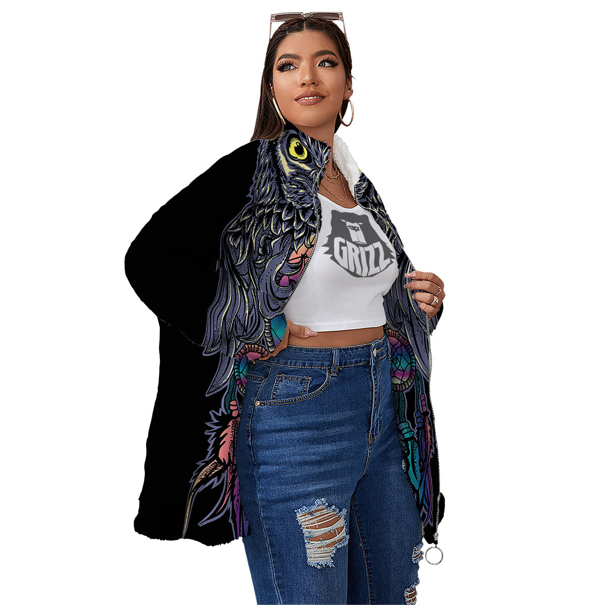 Owl With Dreamcatcher Print Women's Sherpa Jacket-grizzshop