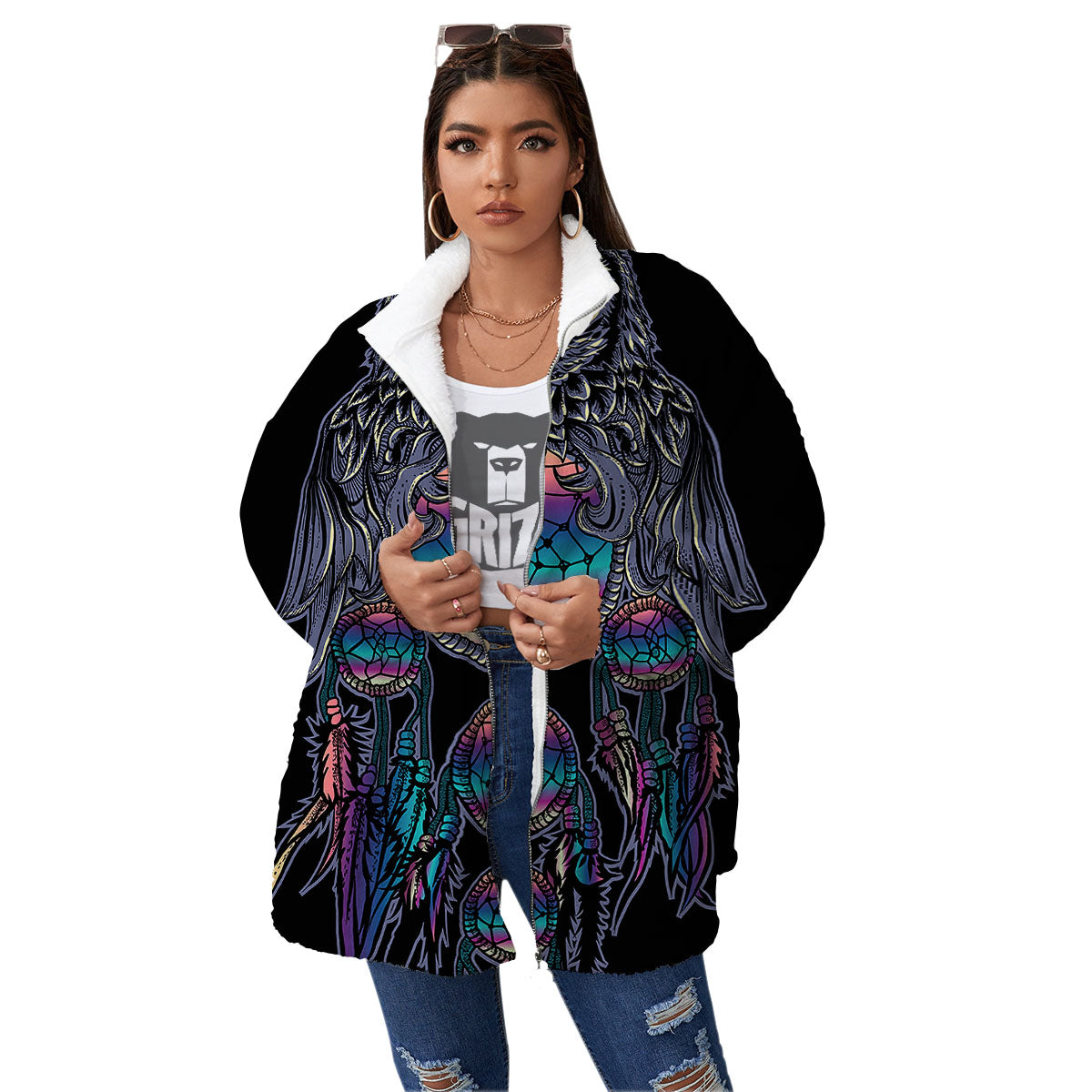 Owl With Dreamcatcher Print Women's Sherpa Jacket-grizzshop