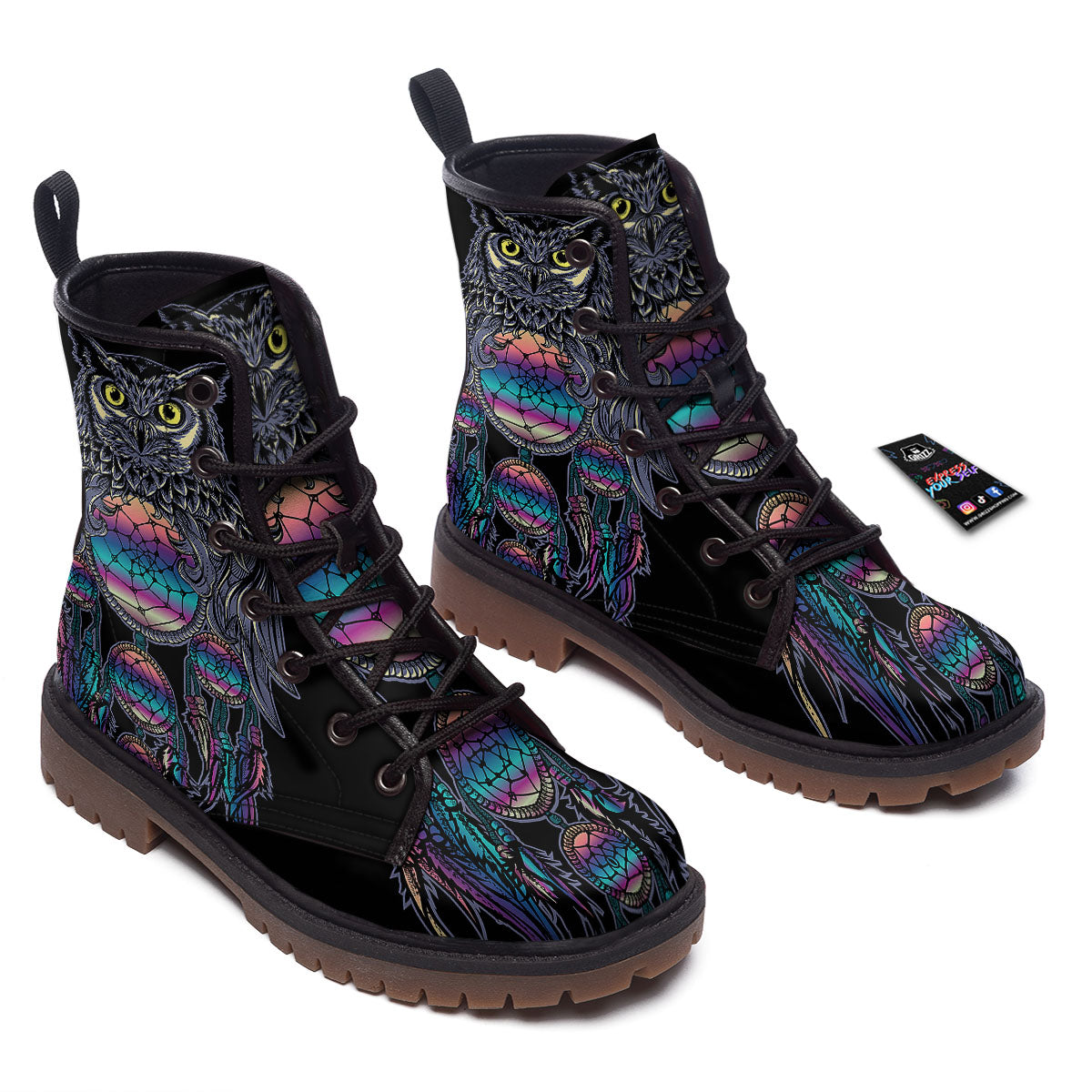 Owl With Dreamcatcher Print Work Boots-grizzshop