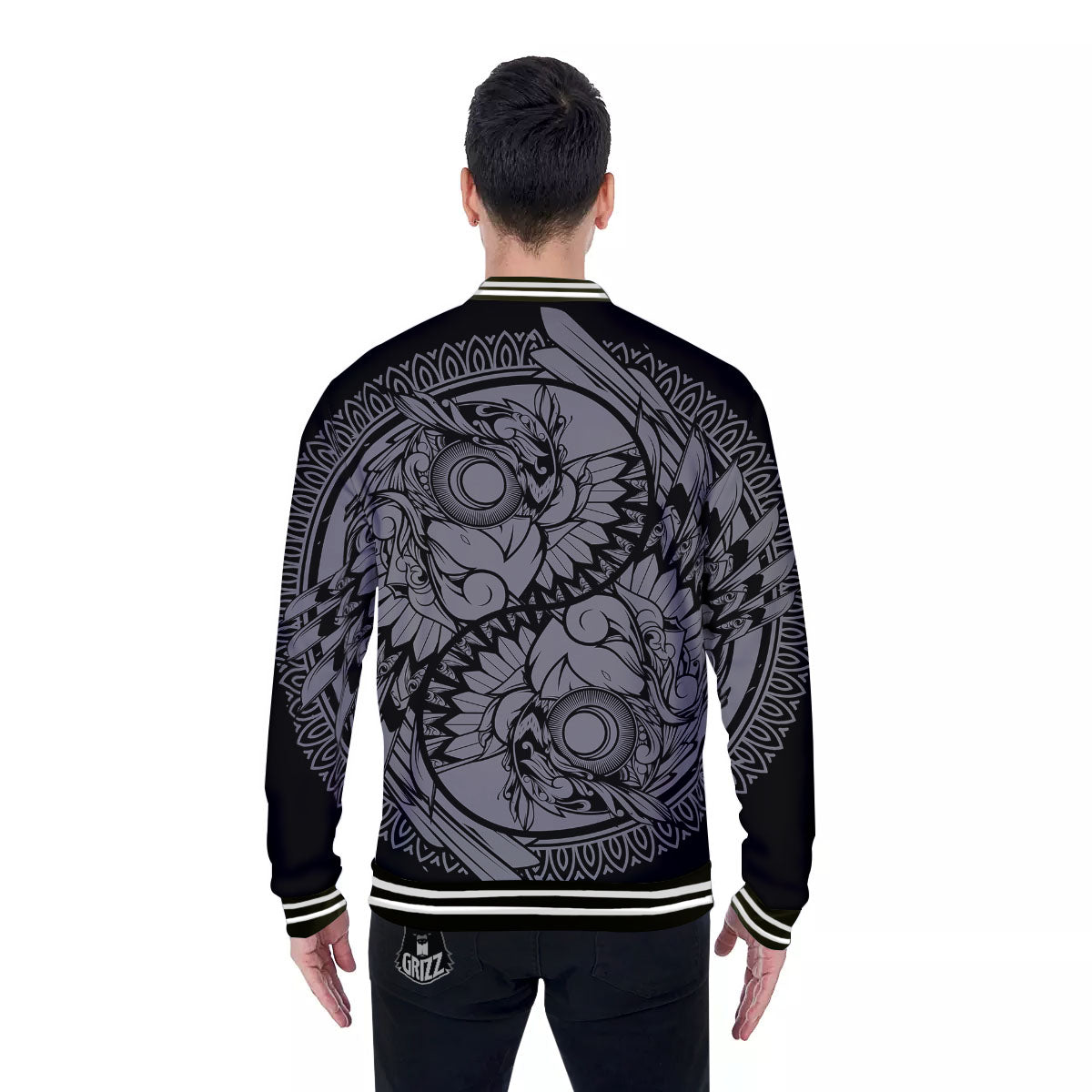 Owl Yin Yang Print Baseball Jacket-grizzshop
