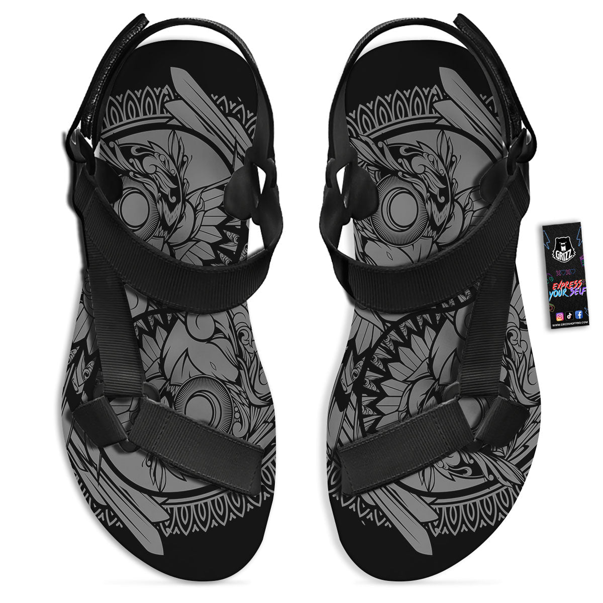Owl Yin Yang Print Black Open Toe Sandals-grizzshop