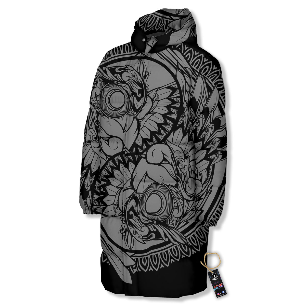 Owl Yin Yang Print Long Down Jacket-grizzshop