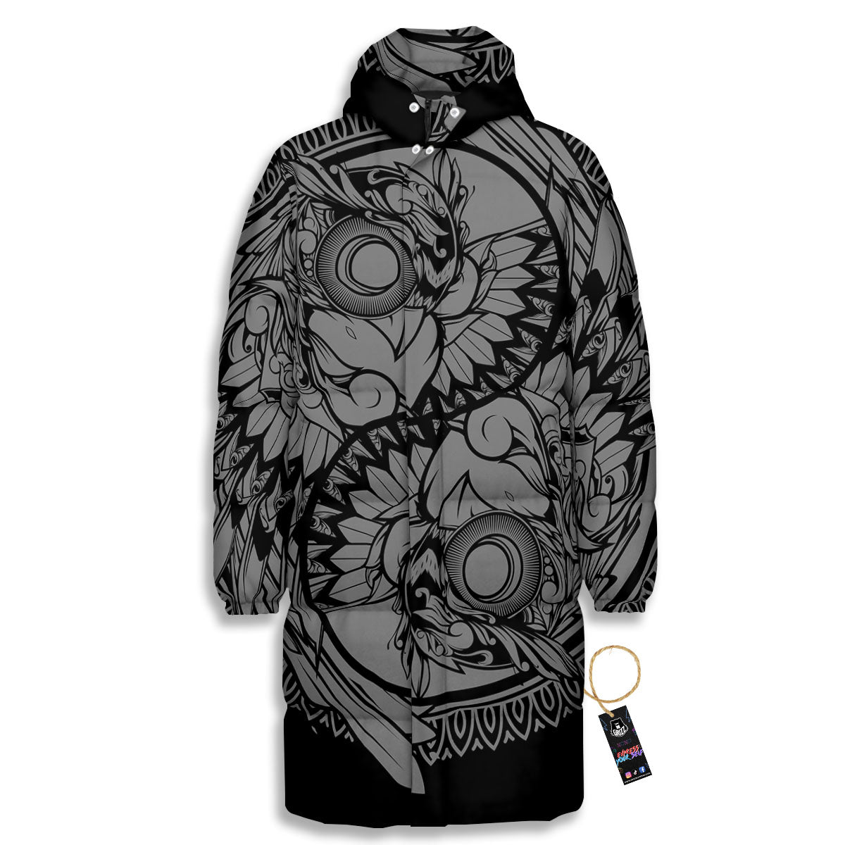 Owl Yin Yang Print Long Down Jacket-grizzshop