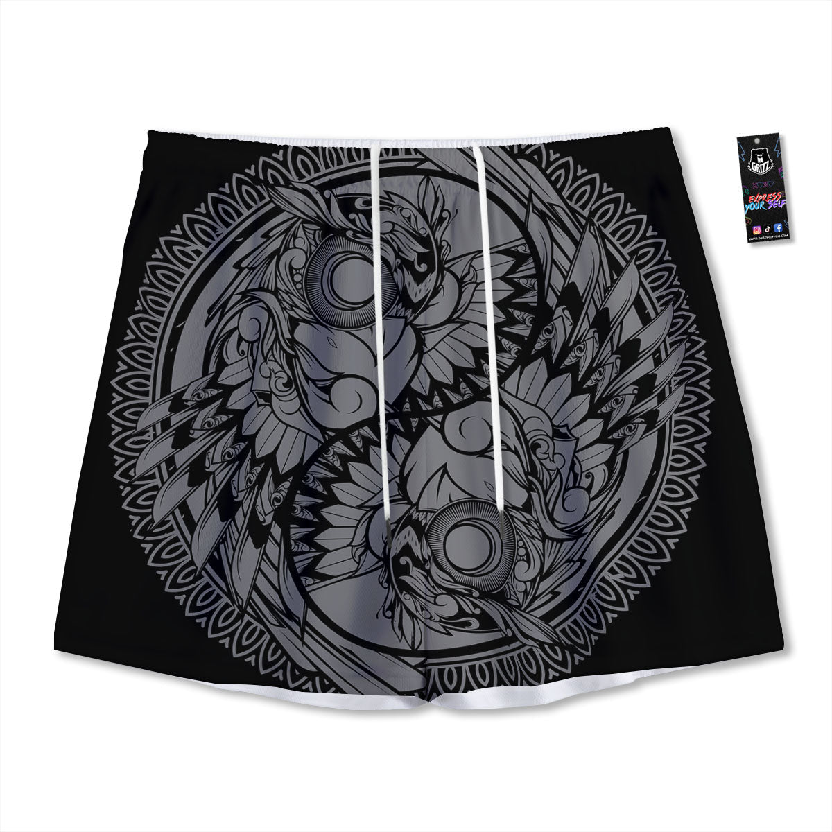 Owl Yin Yang Print Mesh Shorts