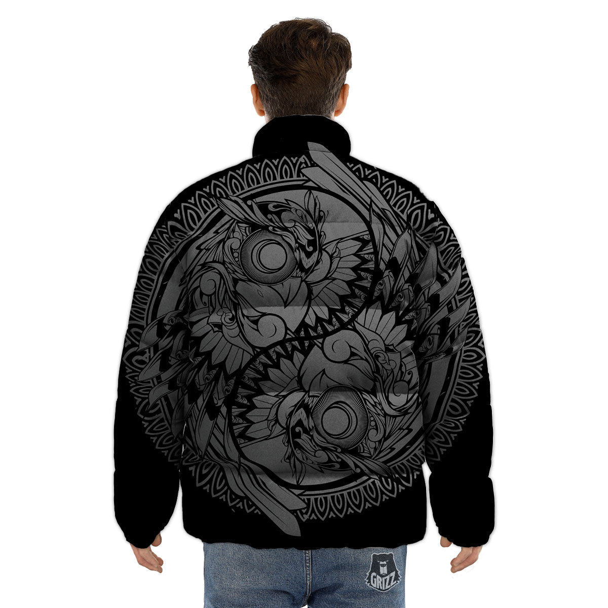 Owl Yin Yang Print Puffer Jacket-grizzshop