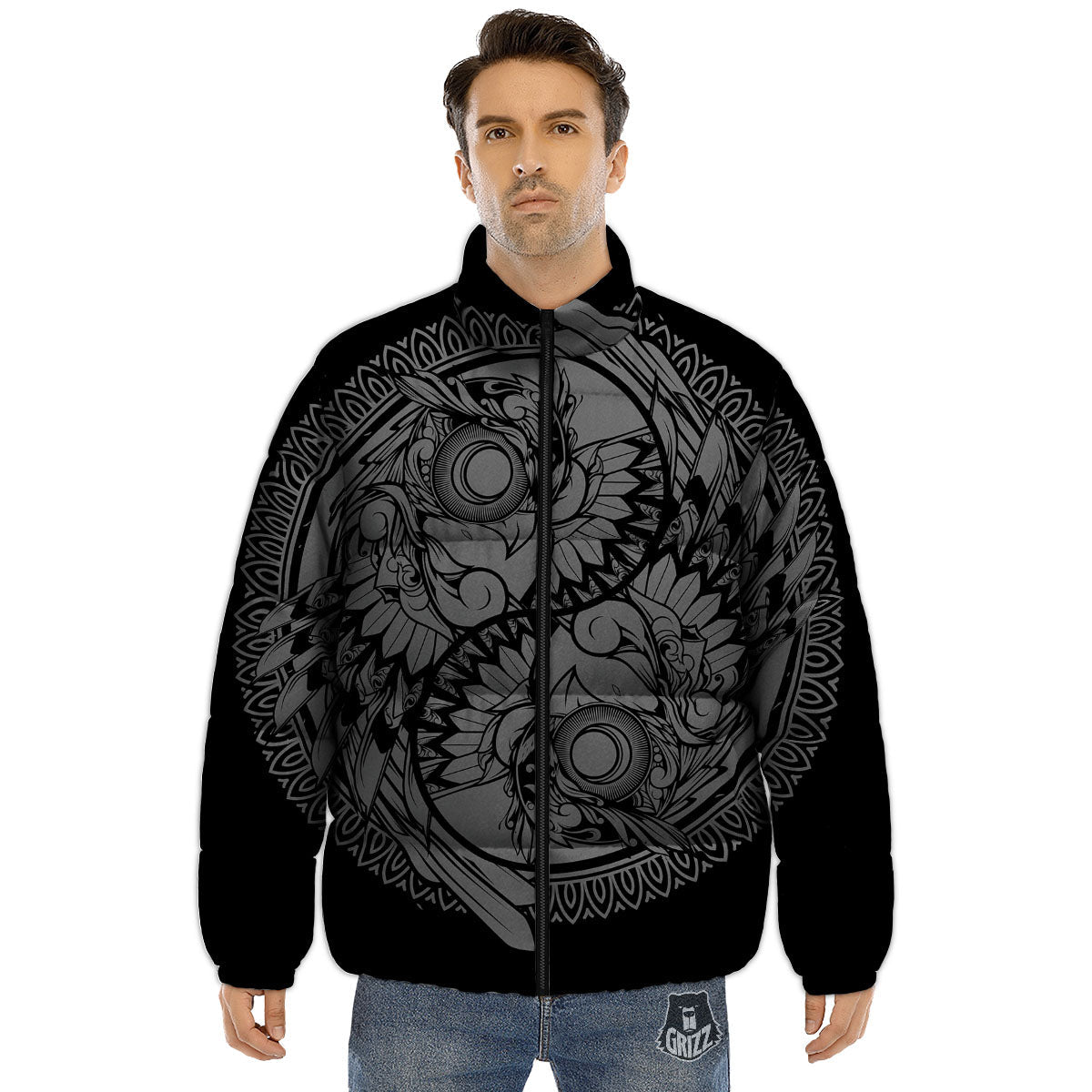 Owl Yin Yang Print Puffer Jacket-grizzshop