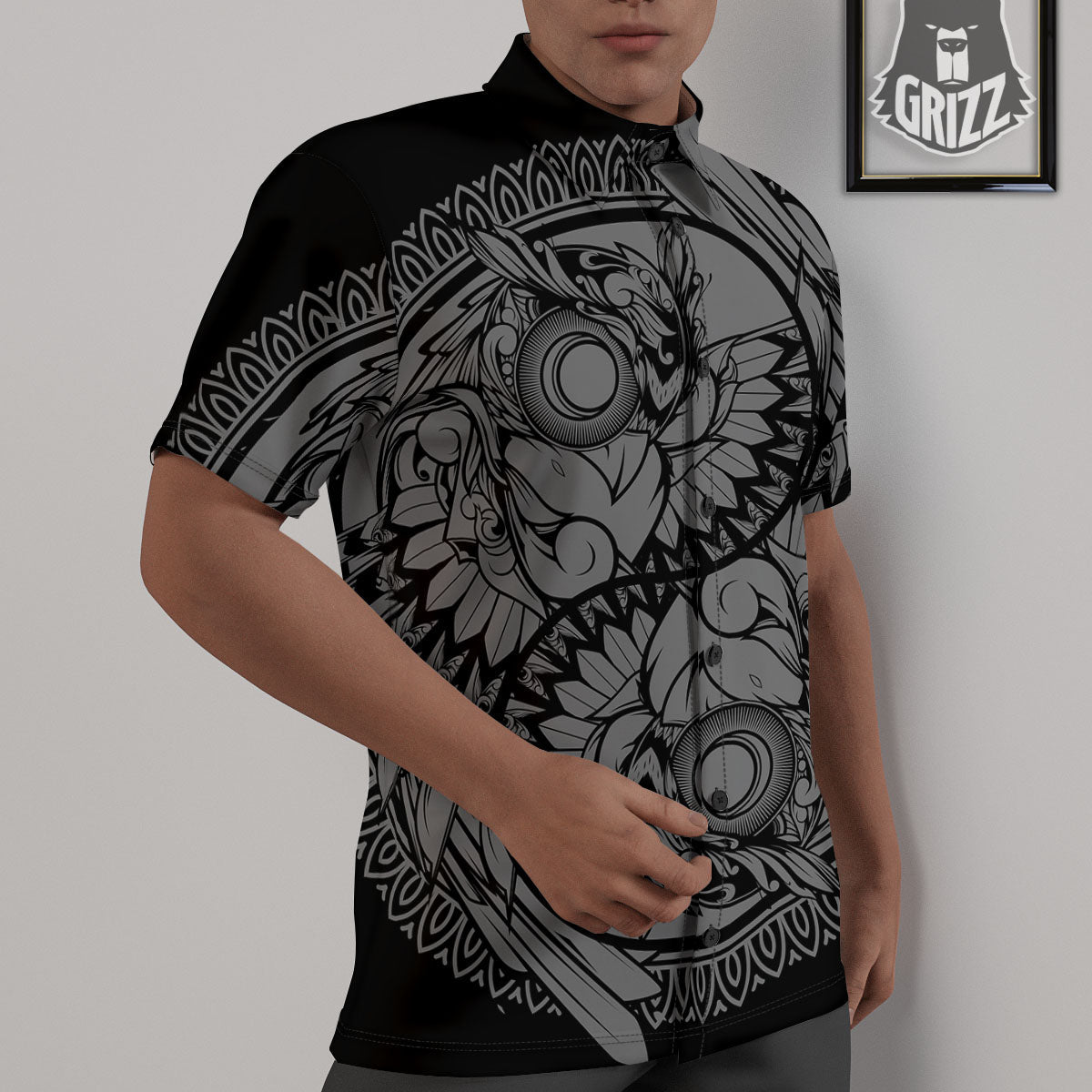 Owl Yin Yang Print Untucked Shirts-grizzshop
