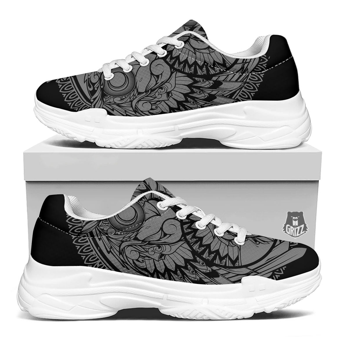 Owl Yin Yang Print White Chunky Shoes-grizzshop