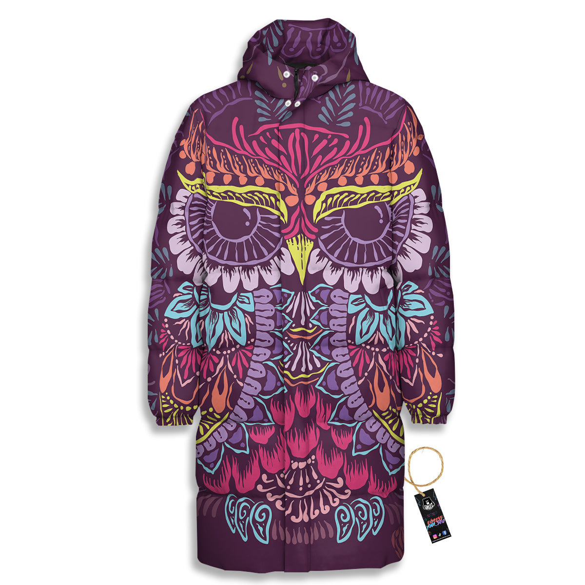 Owl Tribal Colorful Print Long Down Jacket