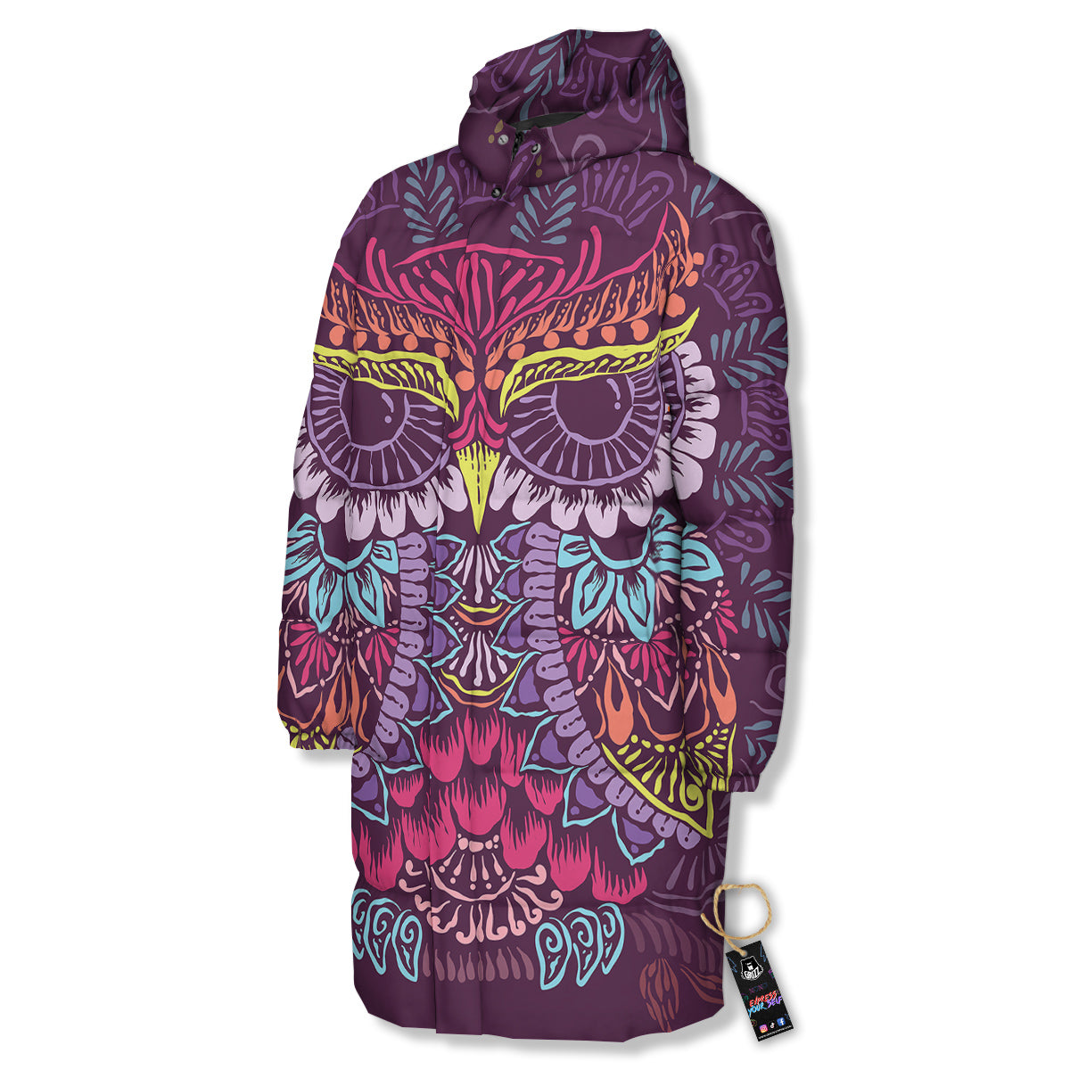 Owl Tribal Colorful Print Long Down Jacket