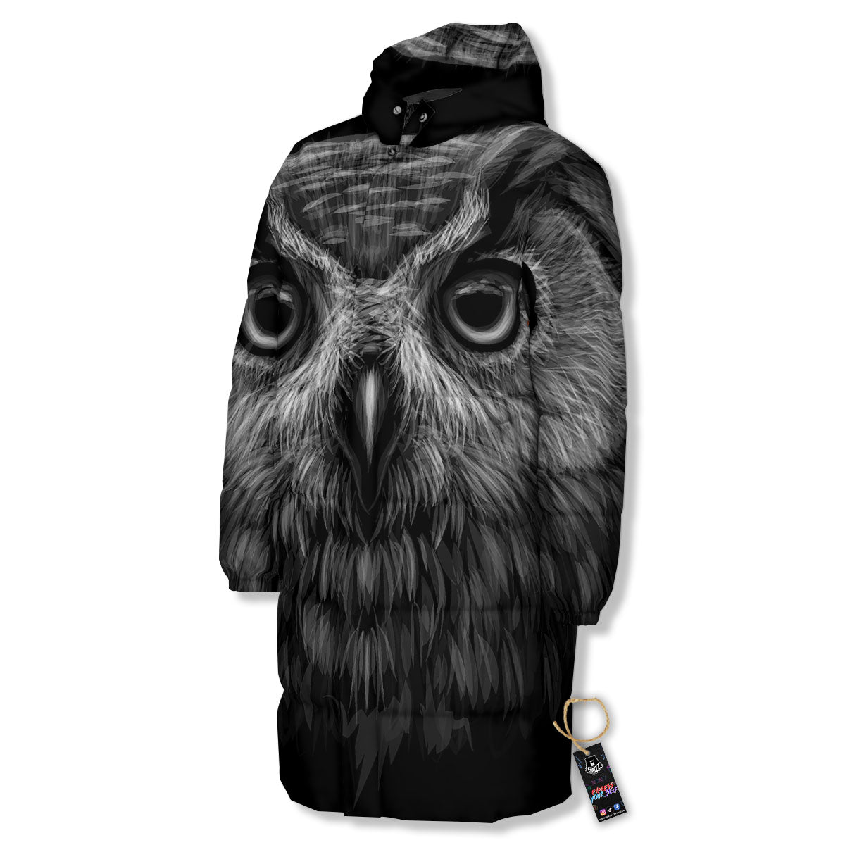Owl White And Black Print Long Down Jacket