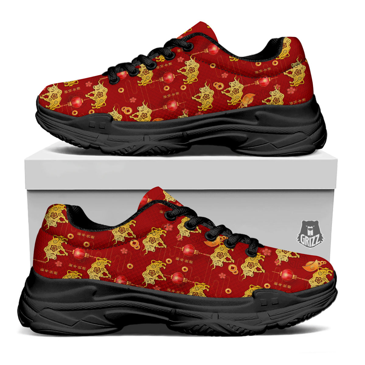 Ox And Chinese New Year Print Pattern Black Chunky Shoes-grizzshop