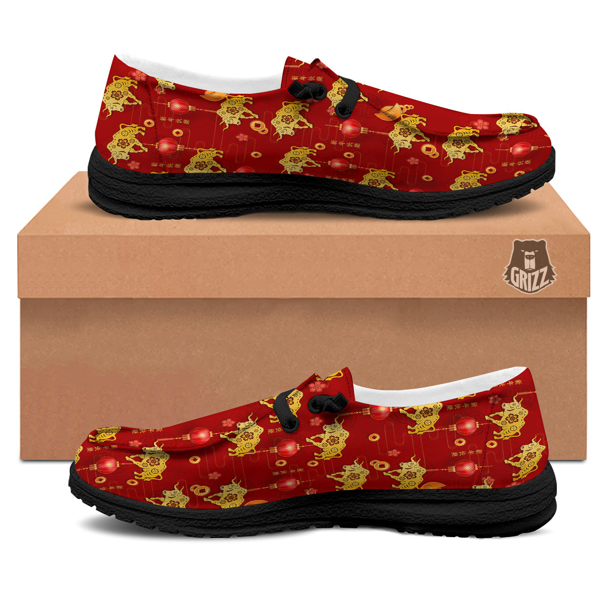 Ox And Chinese New Year Print Pattern Black Loafers-grizzshop