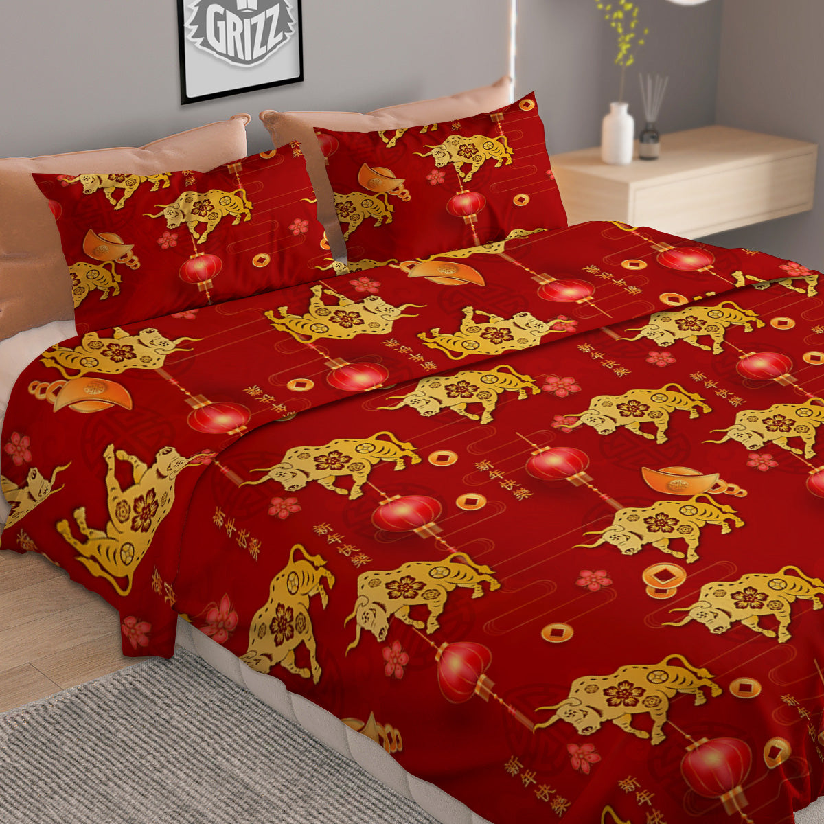 Ox And Chinese New Year Print Pattern Duvet Cover Bedding Set