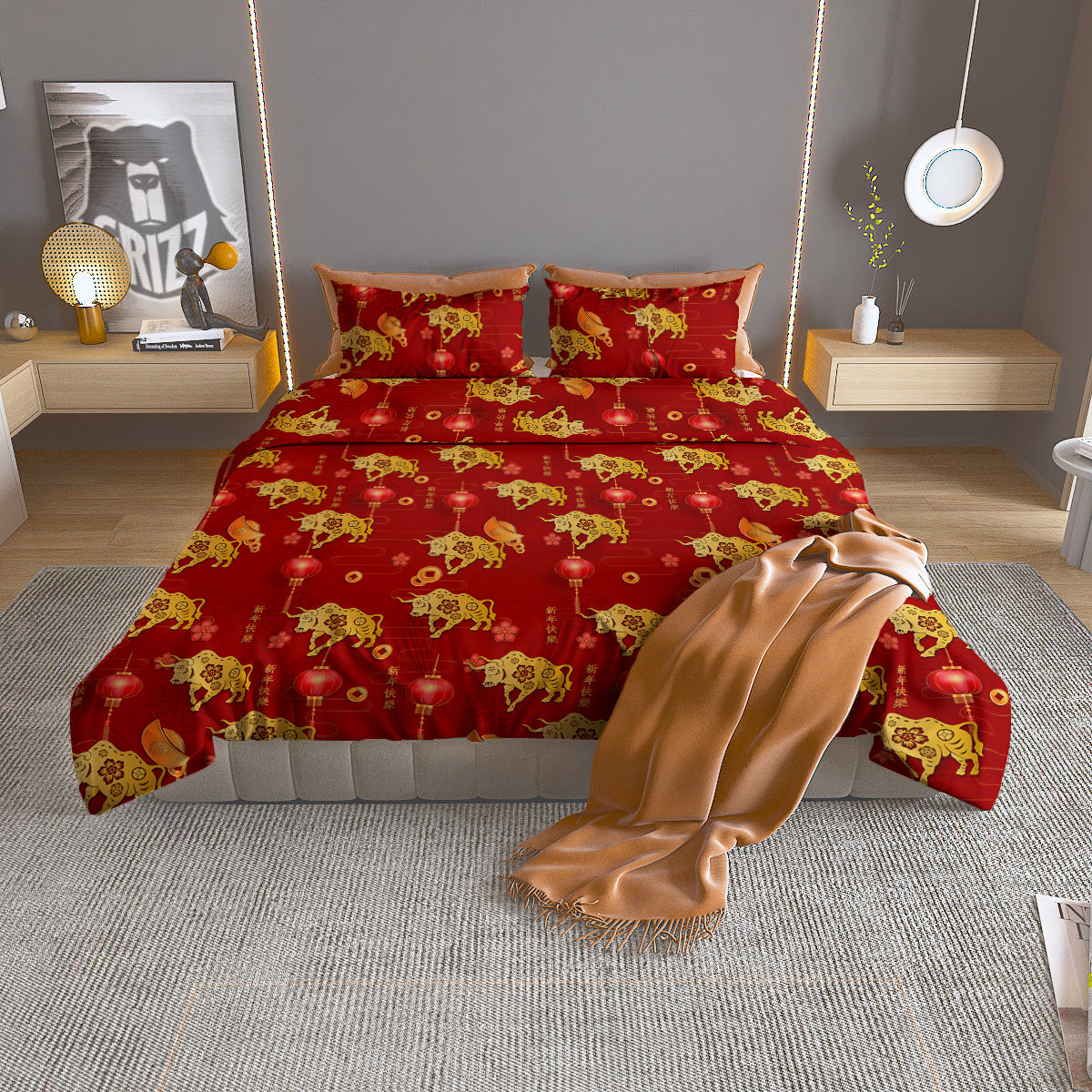 Ox And Chinese New Year Print Pattern Duvet Cover Bedding Set
