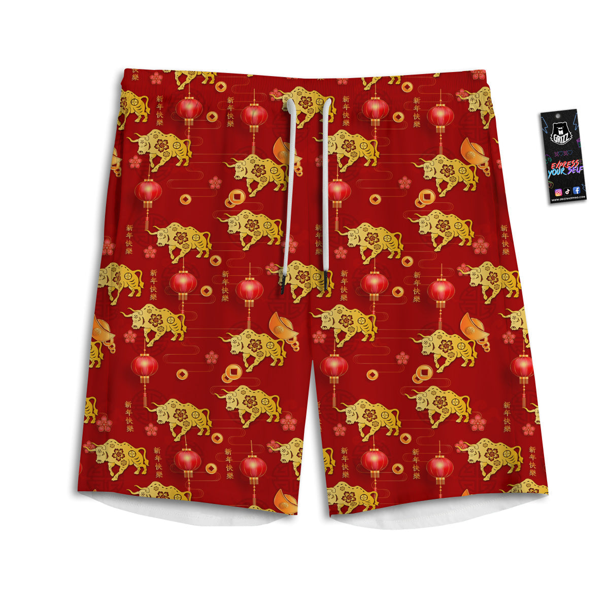 Ox And Chinese New Year Print Pattern Men's Athletic Shorts