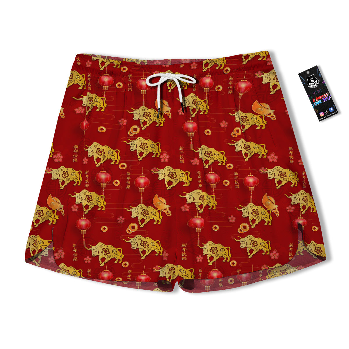 Ox And Chinese New Year Print Pattern Men's Running Shorts-grizzshop