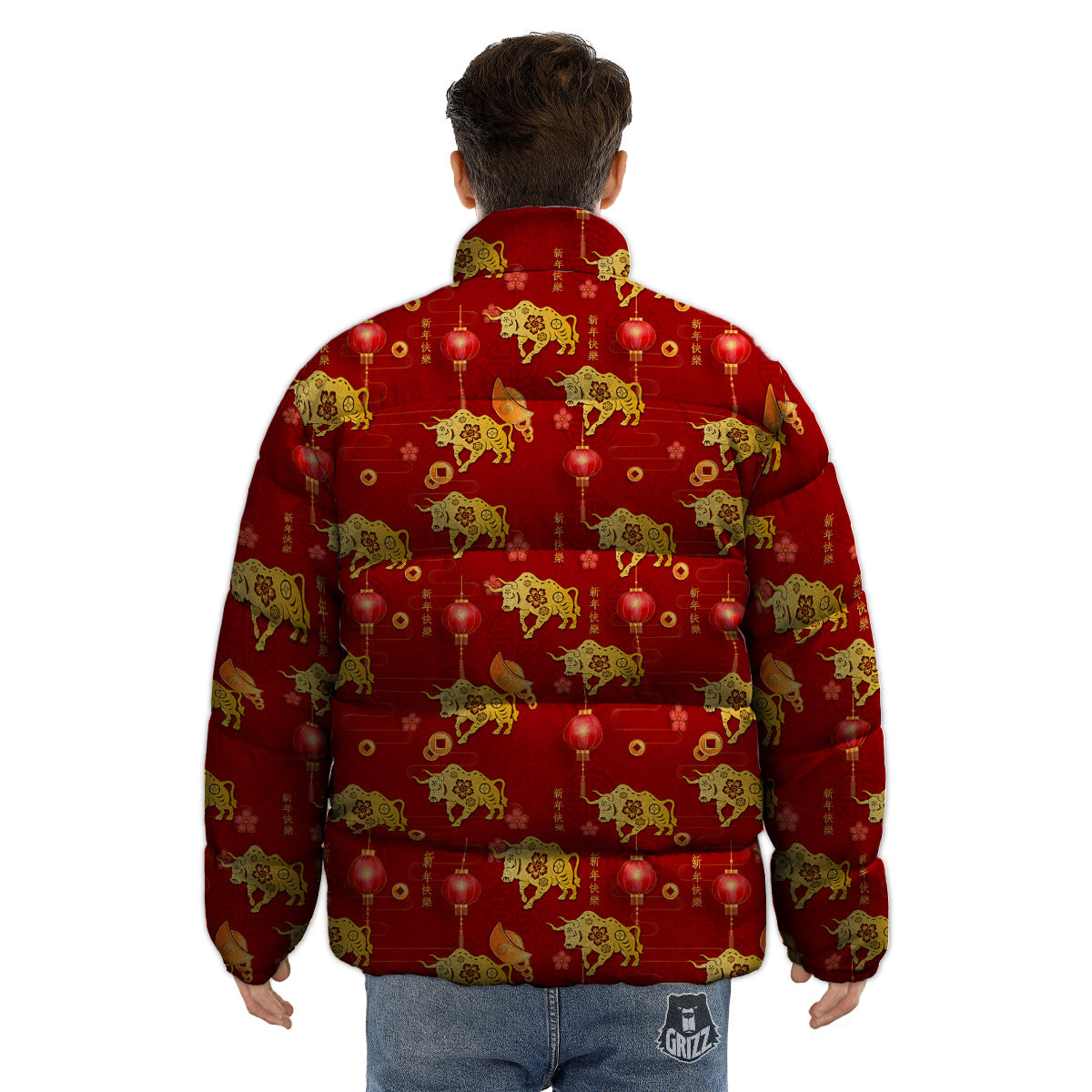 Ox And Chinese New Year Print Pattern Puffer Jacket-grizzshop