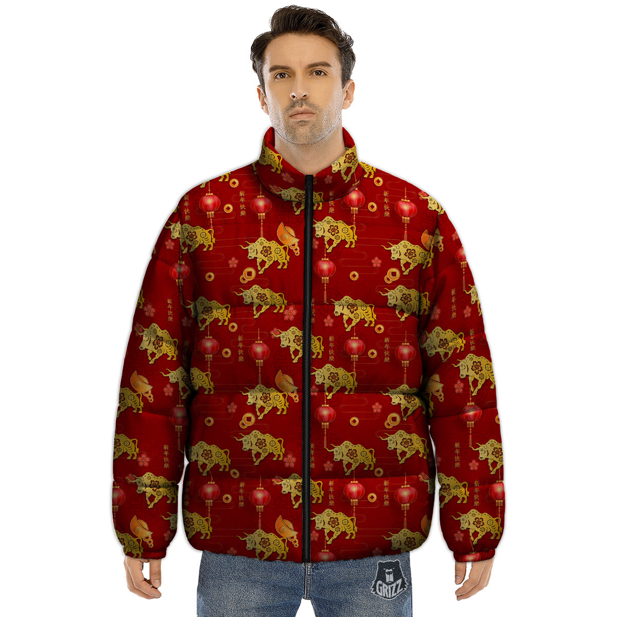 Ox And Chinese New Year Print Pattern Puffer Jacket-grizzshop