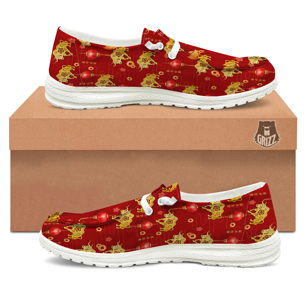 Ox And Chinese New Year Print Pattern White Loafers-grizzshop