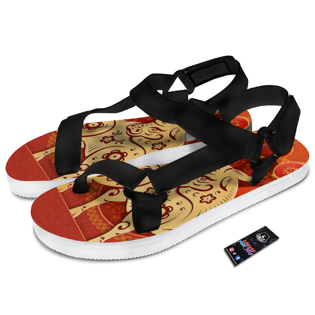 Ox Sign Chinese Horoscope Print Black Open Toe Sandals-grizzshop