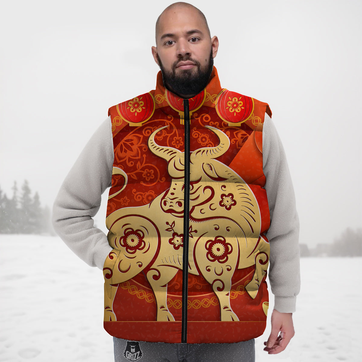 Ox Sign Chinese Horoscope Print Down Vest