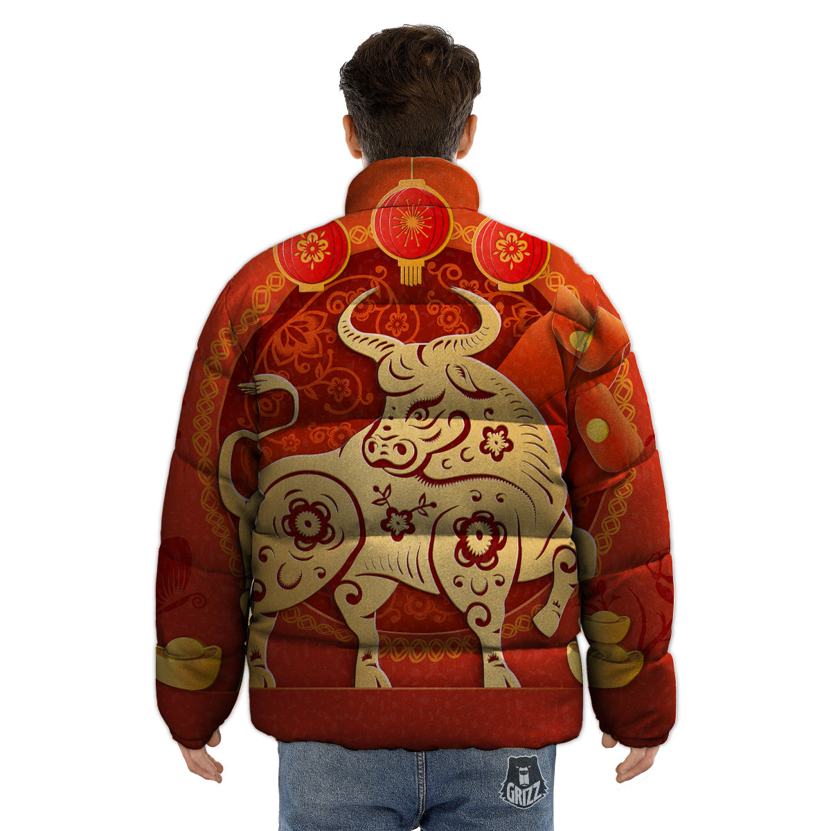 Ox Sign Chinese Horoscope Print Puffer Jacket-grizzshop