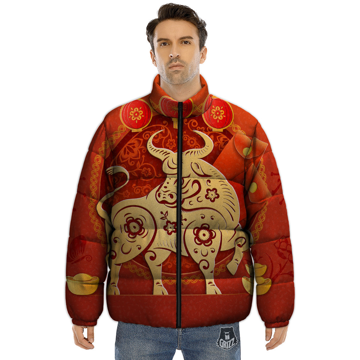 Ox Sign Chinese Horoscope Print Puffer Jacket-grizzshop