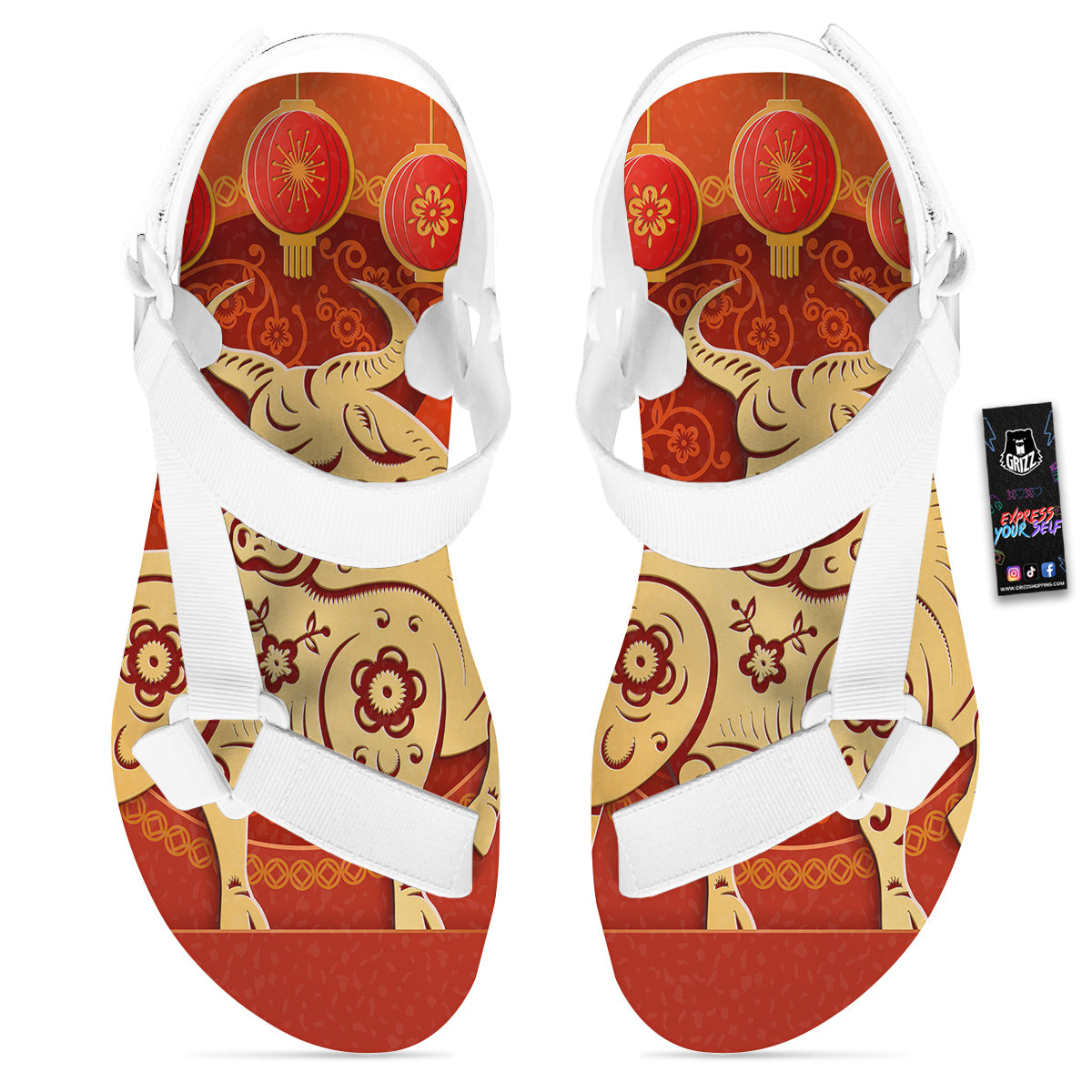 Ox Sign Chinese Horoscope Print White Open Toe Sandals-grizzshop