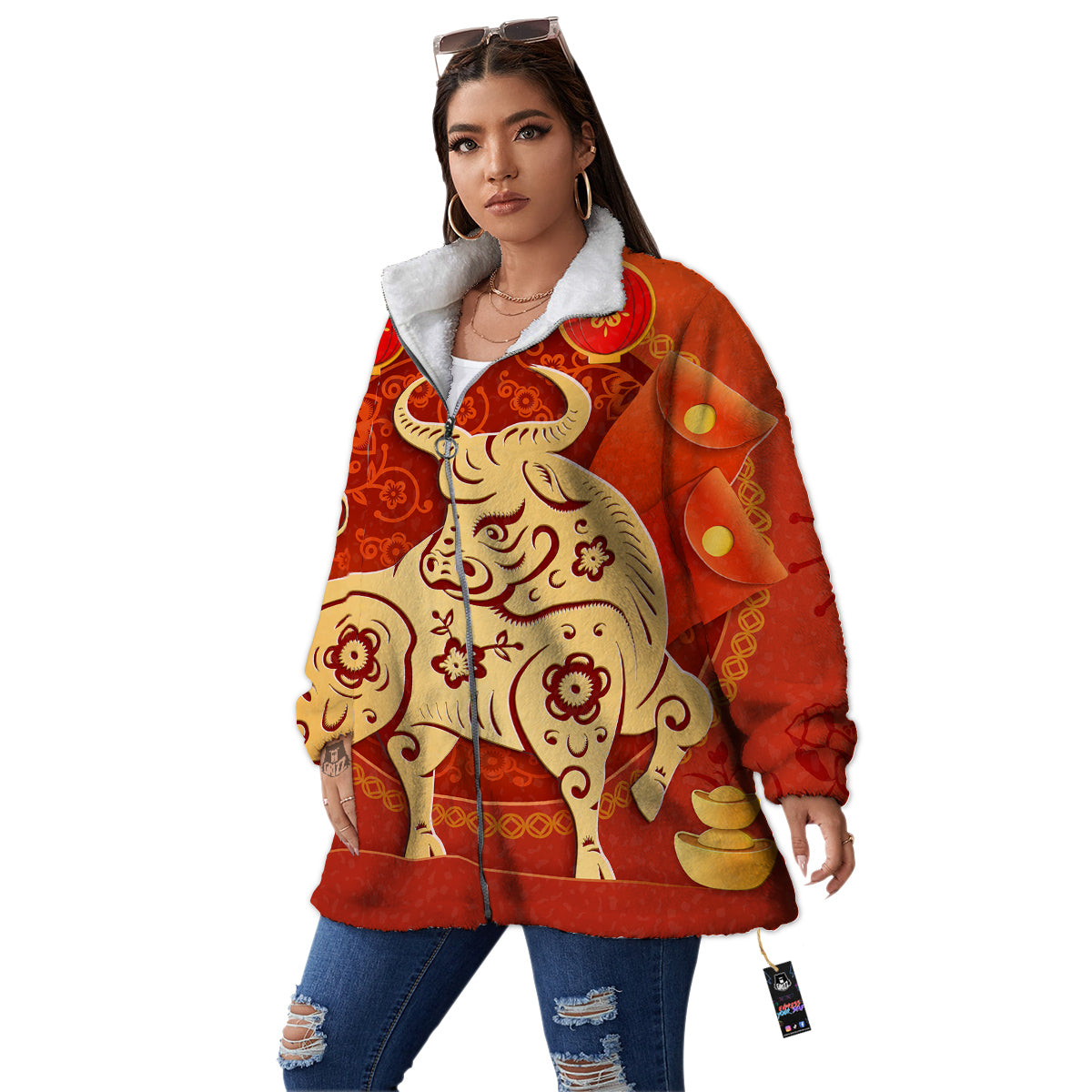 Ox Sign Chinese Horoscope Print Women's Sherpa Jacket-grizzshop