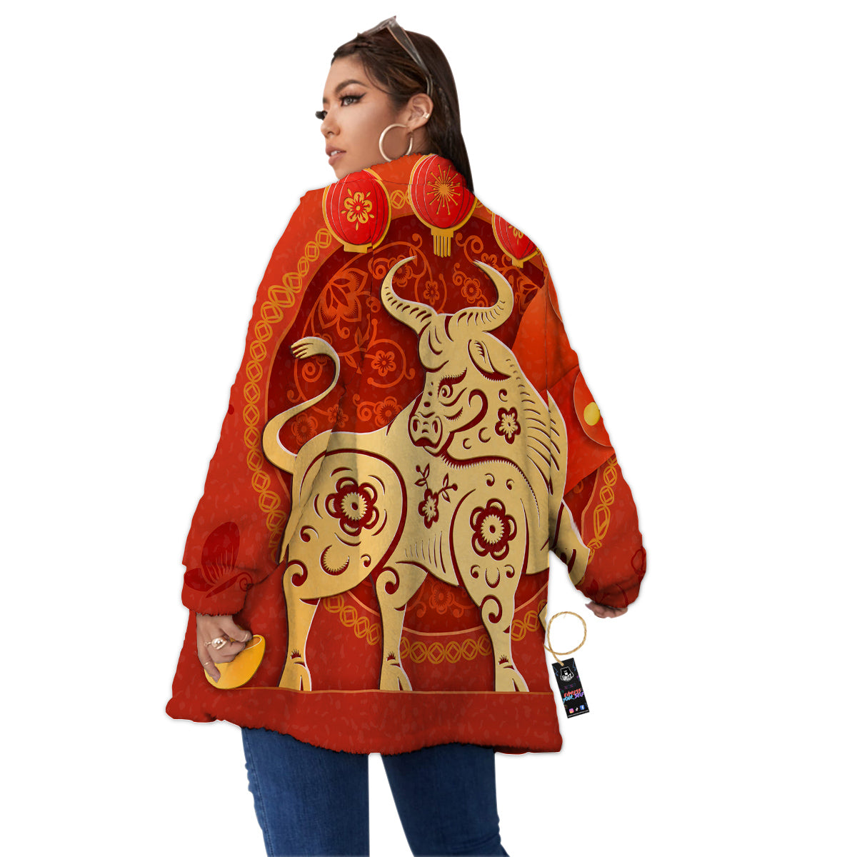 Ox Sign Chinese Horoscope Print Women's Sherpa Jacket-grizzshop