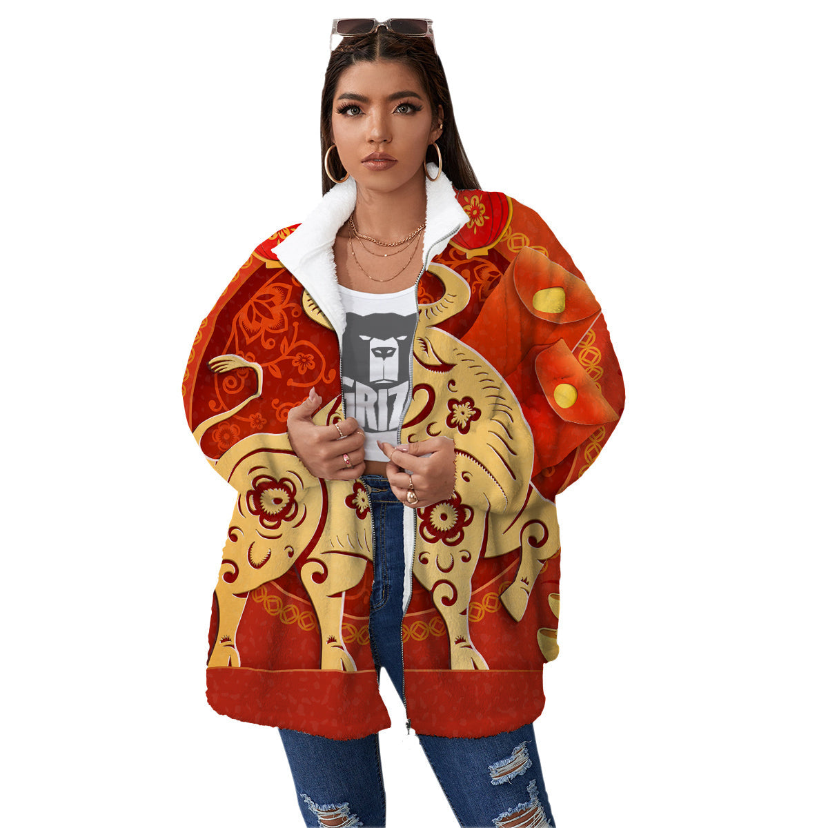 Ox Sign Chinese Horoscope Print Women's Sherpa Jacket-grizzshop