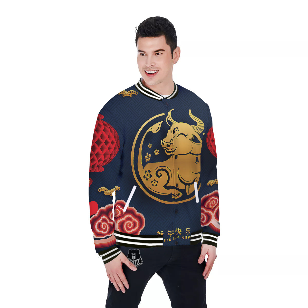 Ox Zodiac Chinese Cute Print Baseball Jacket-grizzshop