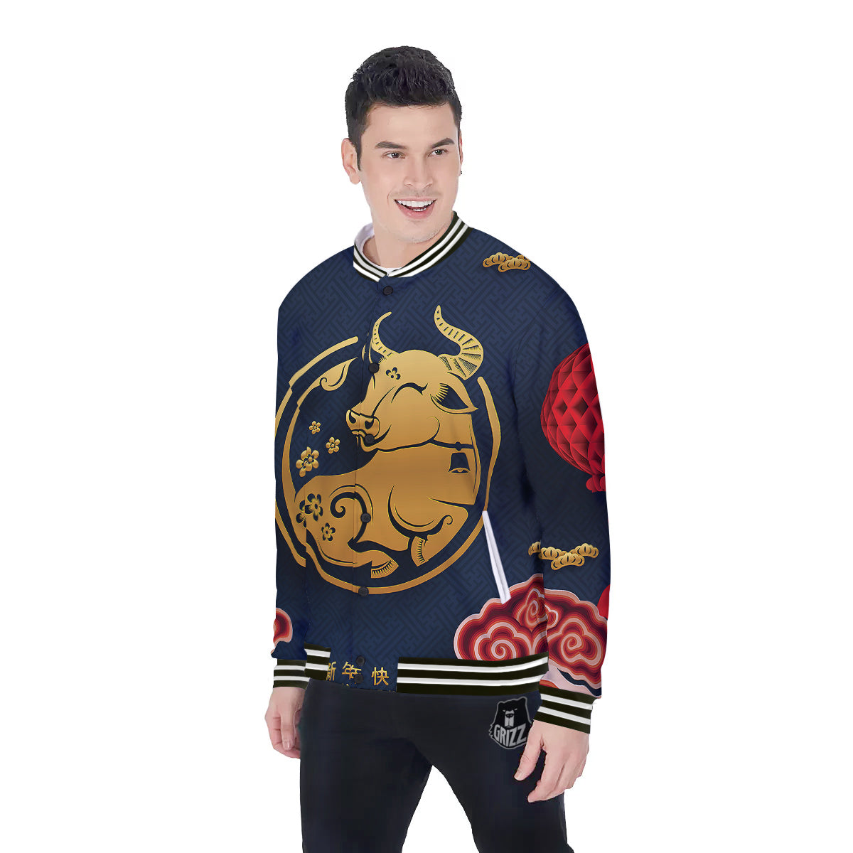 Ox Zodiac Chinese Cute Print Baseball Jacket-grizzshop