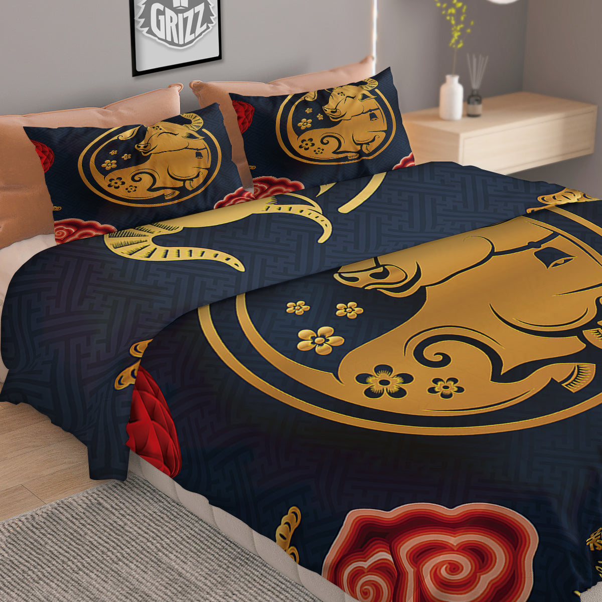Ox Zodiac Chinese Cute Print Duvet Cover Bedding Set