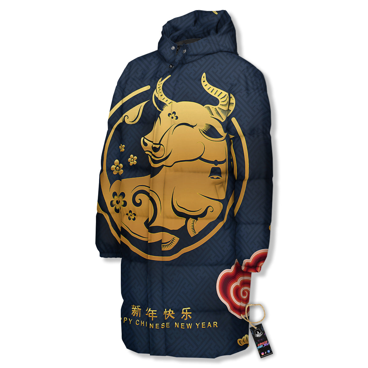 Ox Zodiac Chinese Cute Print Long Down Jacket-grizzshop