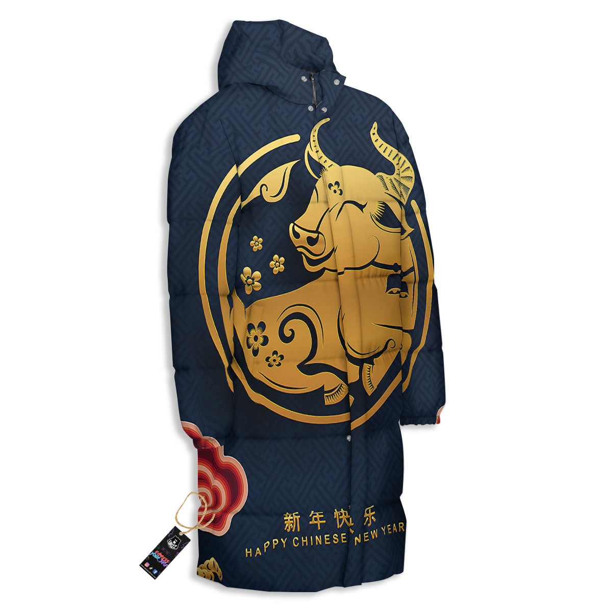 Ox Zodiac Chinese Cute Print Long Down Jacket-grizzshop