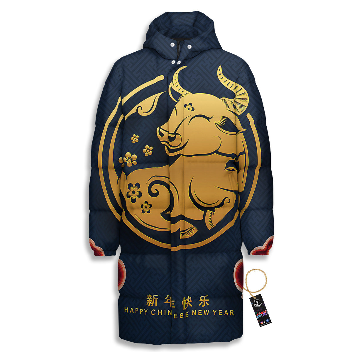 Ox Zodiac Chinese Cute Print Long Down Jacket-grizzshop